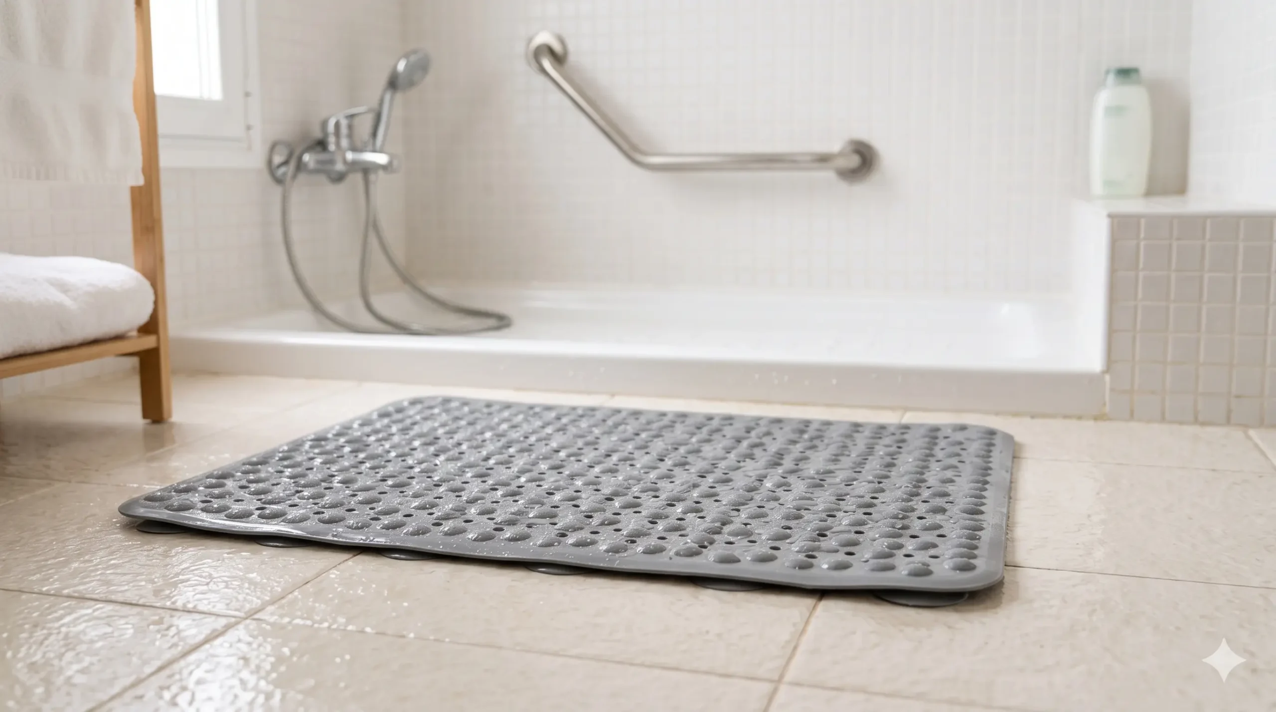 Alfombrilla antideslizante colocada en ducha para mejorar la seguridad en el baño