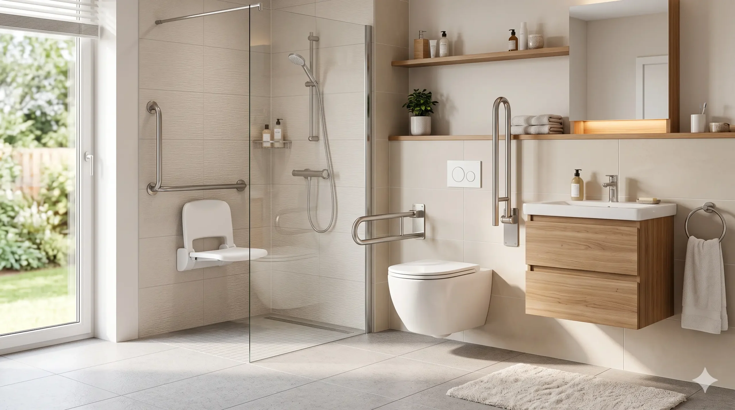 Baño adaptado para personas mayores con ducha accesible, barras de apoyo y suelo seguro