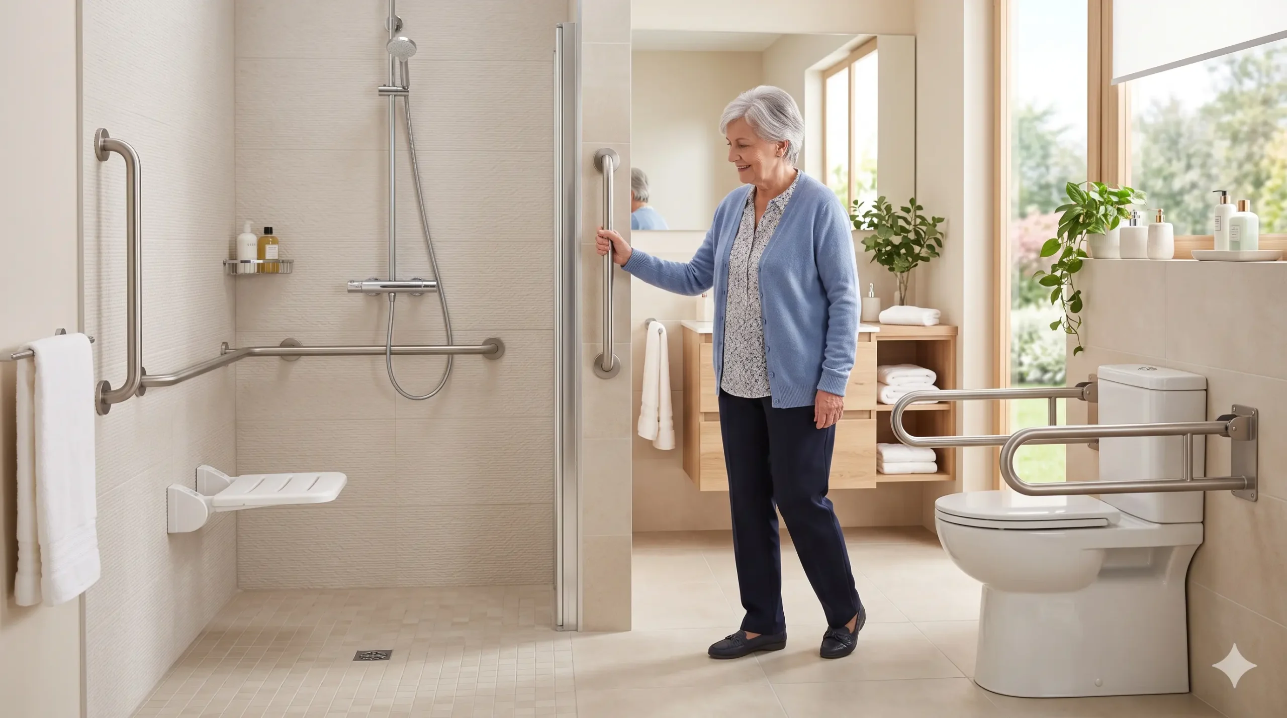 Barras de apoyo para baño de personas mayores instaladas en ducha y junto al WC
