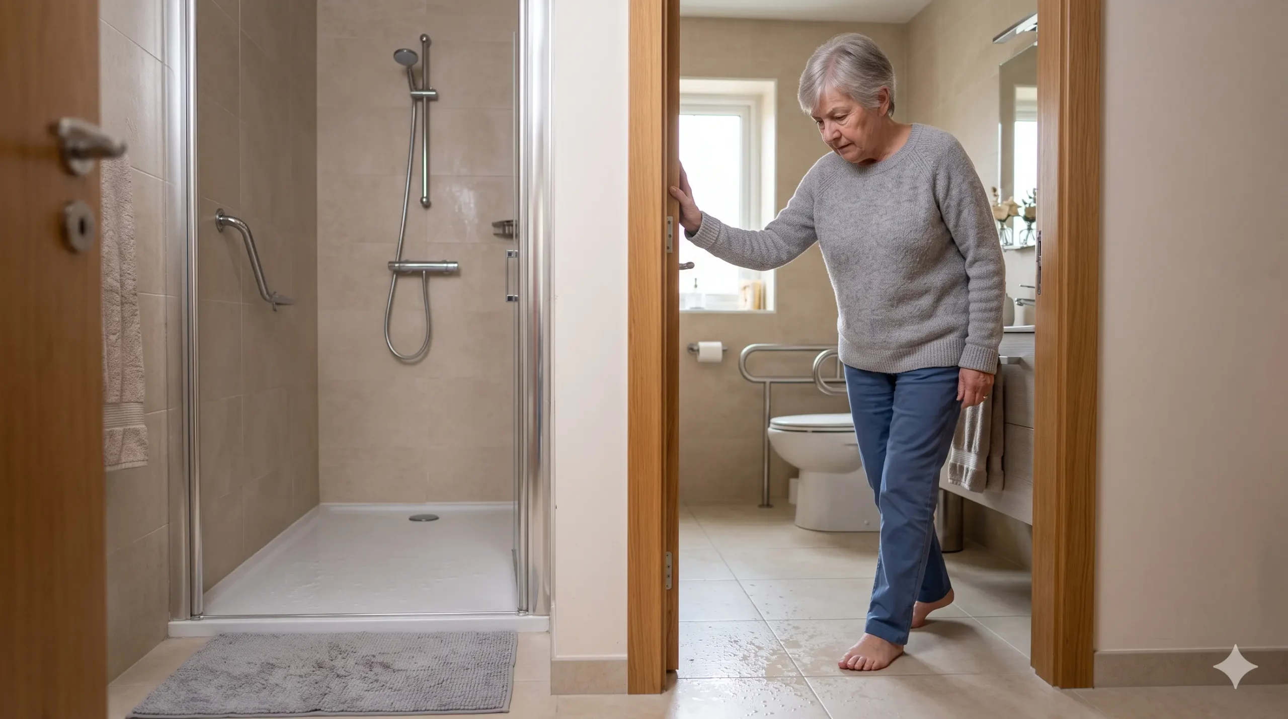 Baño con zonas de riesgo de caída para personas mayores y elementos de prevención