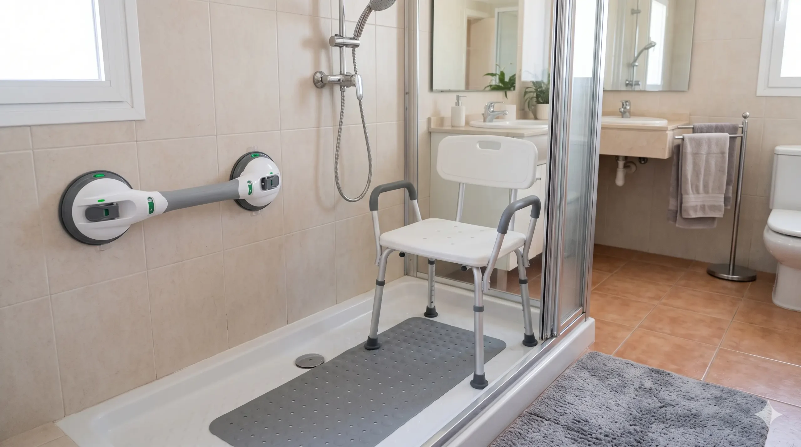 Ducha accesible sin obra con silla de ducha, barra de apoyo y alfombrilla antideslizante