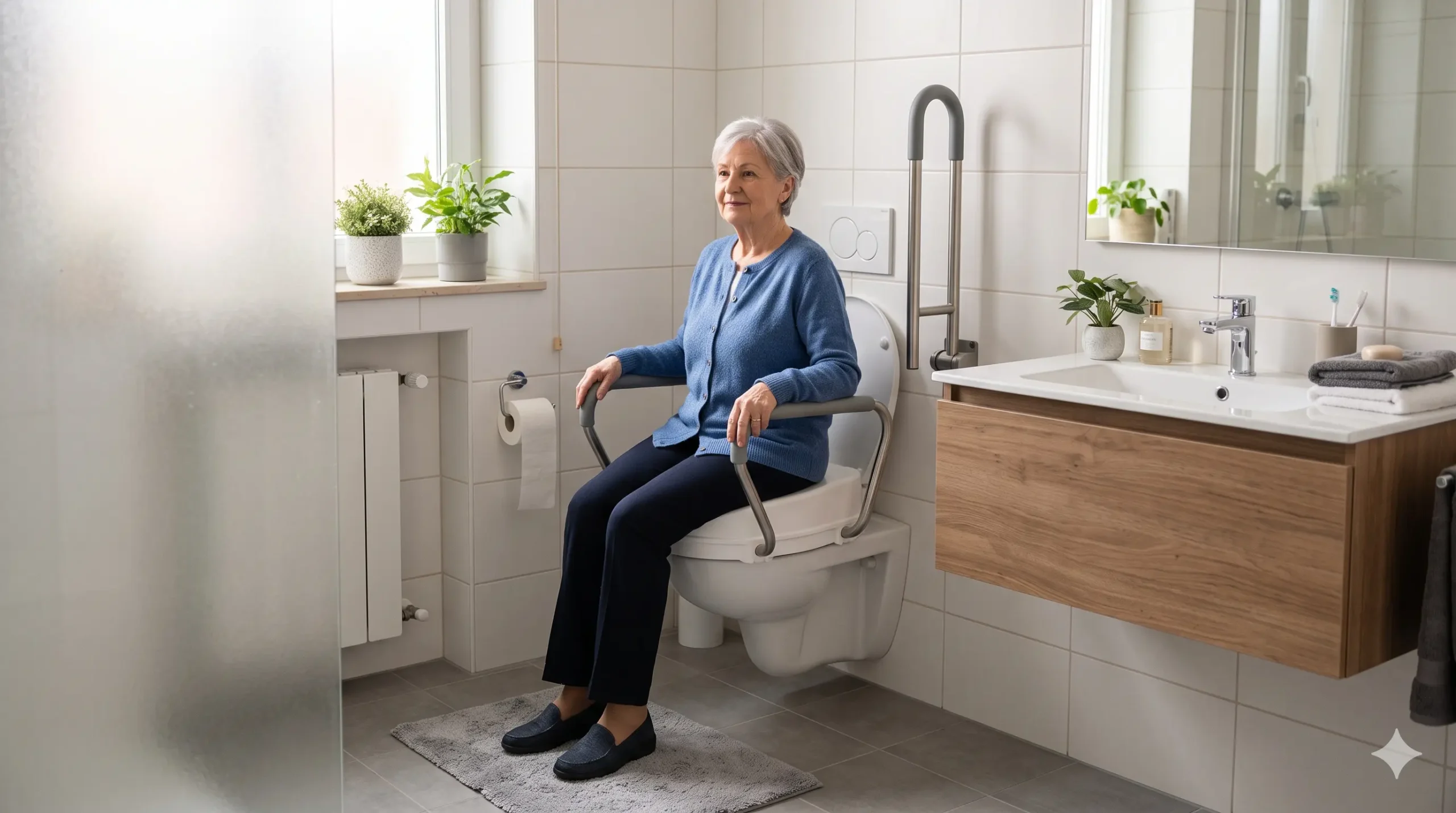 Elevador WC para mayores instalado en un baño adaptado con reposabrazos y tapa