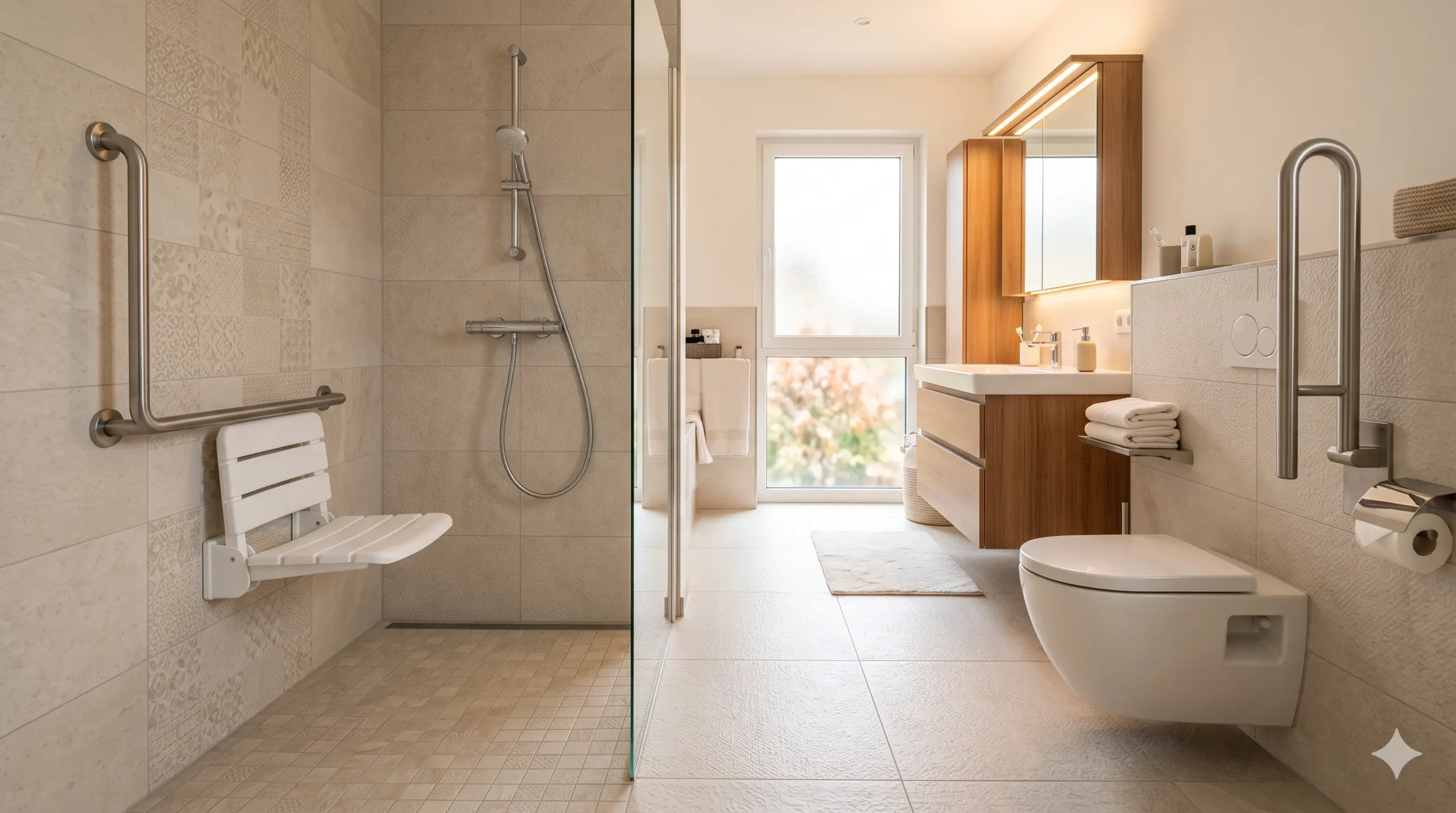Baño seguro para personas mayores con apoyos, asiento de ducha y suelo antideslizante