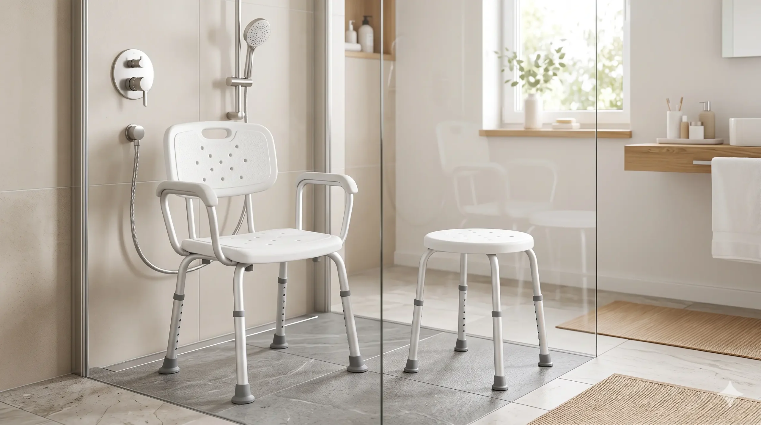 Comparativa entre silla de ducha y asiento sencillo para baño de personas mayores
